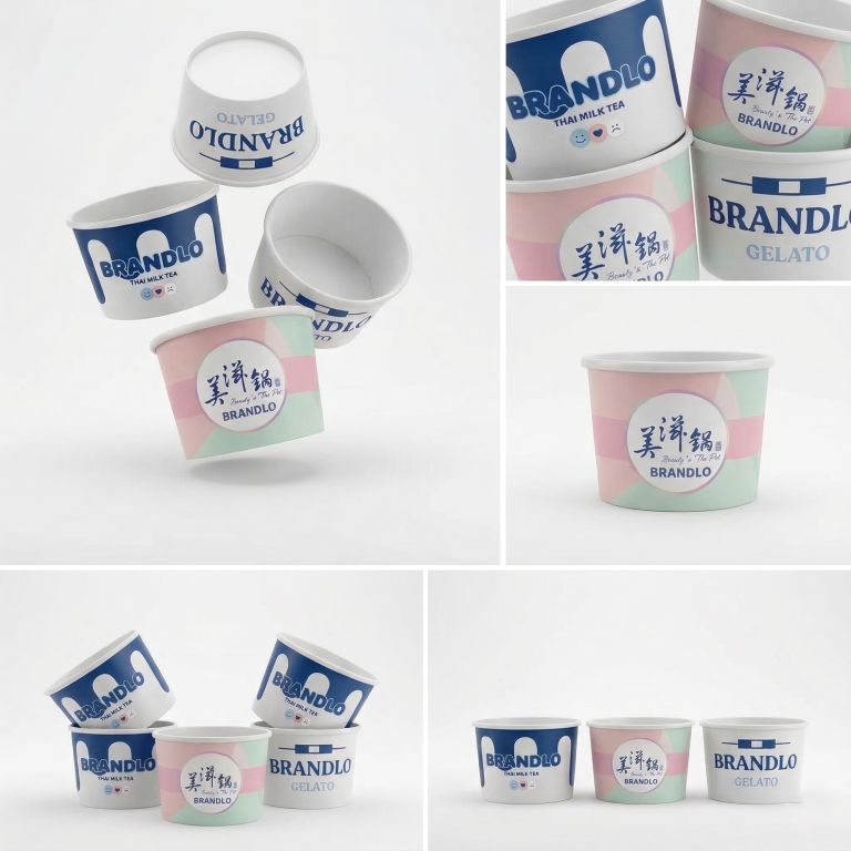 Personalisierte Eisbecher mit buntem Design-Druck für Eisdielen und Konditoreien.