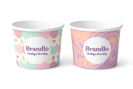 Personalisierte Eisbecher mit buntem Design-Druck für Eisdielen und Konditoreien.