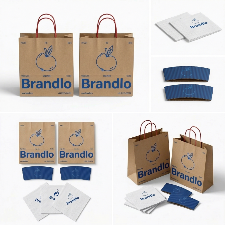 Bedruckte Papiertüten und Servietten mit Branding für ein einheitliches Gastro-Erscheinungsbild.